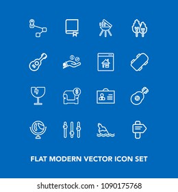 Modern, simple vector icon set on blue background with modern, musical, grill, way, planet, globe, encyclopedia, book, global, destruction, water, internet, direction, clean, crash, window, sofa icons
