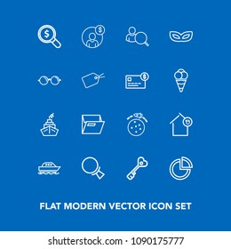 Modern, simple vector icon set on blue background with house, space, magnifying, celebration, carnival, chart, home, masquerade, find, owner, web, water, yacht, rocket, paper, concept, graph,  icons
