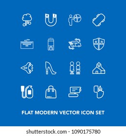 Modern, simple vector icon set on blue background with building, view, video, aircraft, jet, shoe, camera, field, technology, internet, network, plane, girl, cloud, communication, science, paper icons