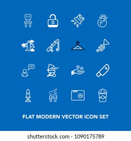 Modern, simple vector icon set on blue background with knife, money, folder, projection, room, blank, comfortable, progress, cafe, development, home, interior, growth, protection, security, coin icons