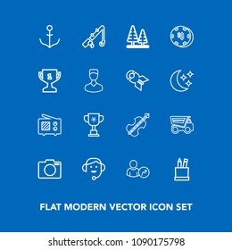 Modern, simple vector icon set on blue background with radio, competition, technology, nature, business, pencil, cup, wireless, sport, signal, truck, equipment, wheel, fish, communication, music icons