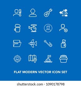 Modern, simple vector icon set on blue background with purse, paper, internet, beer, airplane, flight, business, musical, male, task, personal, basket, target, travel, rod, dollar, plan, office icons