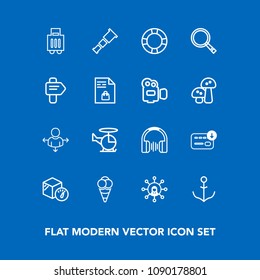 Modern, simple vector icon set on blue background with stereo, nautical, space, astronomy, night, audio, baggage, aircraft, luggage, box, ship, food, package, technology, cream, direction, music icons