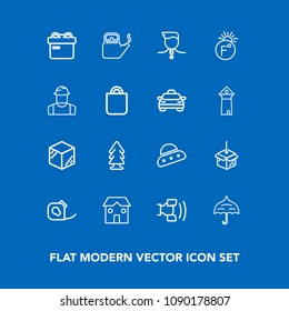 Modern, simple vector icon set on blue background with rain, winner, box, forest, cell, umbrella, ufo, telephone, web, nature, space, hot, tape, upload, gift, kitchen, insulating, protection icons