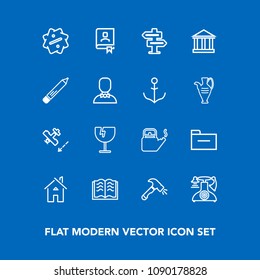 Modern, simple vector icon set on blue background with folder, telephone, shattered, document, address, sign, building, steam, flight, dont, literature, kettle, shovel, call, hot, architecture icons