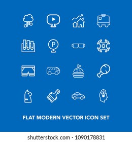 Modern, simple vector icon set on blue background with car, sign, strategy, fast, real, sandwich, property, shorts, transportation, bread, horse, communication, direction, chicken, bus, chess,  icons