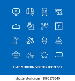Modern, simple vector icon set on blue background with bread, lighthouse, airplane, white, wc, plane, chair, sea, water, investment, tomato, bank, lunch, pin, toilet, flight, sign, finance, shop icons
