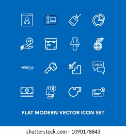 Modern, simple vector icon set on blue background with tool, stationary, coin, ball, tag, hammer, message, axe, sale, hit, referee, lamp, chat, downstairs, chart, balance, bank, strike, up, cash icons