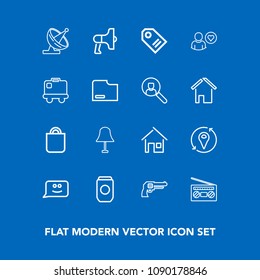 Modern, simple vector icon set on blue background with gift, aluminum, weapon, sound, people, tin, speaker, sign, estate, smile, communication, satellite, handgun, building, radio, price, bag icons