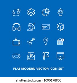Modern, simple vector icon set on blue background with america, chart, banking, money, television, technology, sign, graph, string, bank, map, tv, direction, video, bill, finance, nation, page icons