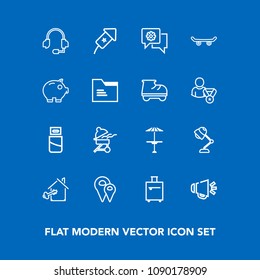 Modern, simple vector icon set on blue background with voice, cable, travel, house, celebration, estate, pub, speaker, interior, festival, holiday, sound, barbecue, bag, road, plug, mobile, map icons