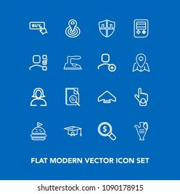 Modern, simple vector icon set on blue background with buy, sign, lady, woman, protection, decoration, graduation, parachute, lunch, center, parachuting, hand, zoom, location, tomato, school icons