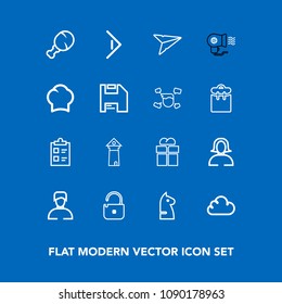 Modern, simple vector icon set on blue background with landmark, mark, button, chicken, present, architecture, email, package, giftbox, game, protection, security, strategy, meal, gift, tower icons