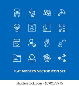 Modern, simple vector icon set on blue background with delivery, online, dont, delete, door, team, fahrenheit, service, gesture, folder, share, internet, comfortable, order, shovel, interior icons