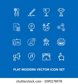 Modern, simple vector icon set on blue background with bbq, kitchen, loudspeaker, loud, destruction, account, click, accounting, identity, speaker, spoon, fork, wear, finance, barbecue, name, id icons