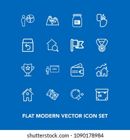 Modern, simple vector icon set on blue background with location, star, estate, professional, prize, can, home, container, lighter, night, map, house, reward, travel, win, phone, property, web icons