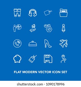 Modern, simple vector icon set on blue background with airplane, sound, travel, tag, chief, diskette, headset, circle, trip, equipment, navigation, food, plane, chef, style, ring, music, map icons