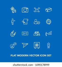 Modern, simple vector icon set on blue background with fun, joy, magnetic, development, photo, safety, camera, sky, lock, business, clock, kite, coupon, computer, email, technology, science, ben icons