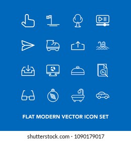 Modern, simple vector icon set on blue background with trip, landscape, transportation, eyeglasses, north, pointer, taxi, direction, click, interface, web, download, car, suitcase, forest, white icons