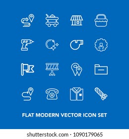Modern, simple vector icon set on blue background with national, shirt, nation, cell, telephone, mobile, summer, map, food, service, drum, location, bomb, instrument, home, room, pin, power, bed icons