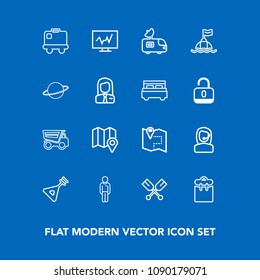 Modern, simple vector icon set on blue background with instrument, man, canoe, water, pretty, diagnostic, phone, professional, oar, location, truck, medical, airport, boat, music, dumper, doctor icons