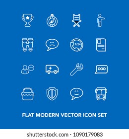 Modern, simple vector icon set on blue background with transport, car, speed, transportation, showing, medical, armchair, ambulance, chat, park, sign, place, user, speech, security, summer, bus icons