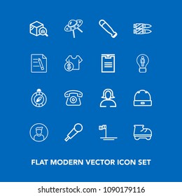 Modern, simple vector icon set on blue background with music, face, leisure, technology, head, space, trend, beautiful, sound, white, baja, girl, direction, spaceship, audio, baseball, beach icons