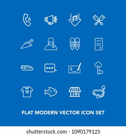 Modern, simple vector icon set on blue background with seafood, fish, boat, download, old, food, pen, home, music, mask, train, house, mobile, sign, cell, print, speaker, pay, technology, check icons