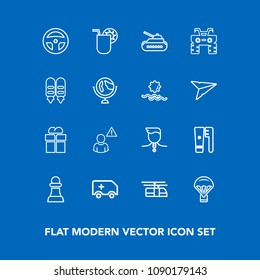 Modern, simple vector icon set on blue background with emergency, network, box, chessboard, gift, hygiene, rescue, jump, online, transportation, ambulance, profile, strategy, blue, chess, car icons