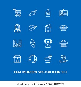 Modern, simple vector icon set on blue background with road, player, market, winner, money, first, building, retail, control, trolley, home, place, basket, cell, dollar, construction, investment icons