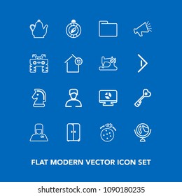 Modern, simple vector icon set on blue background with global, travel, space, chart, south, kettle, hotel, template, paper, sign, game, key, drink, chess, map, hot, uniform, cupboard, rocket icons