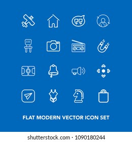 Modern, simple vector icon set on blue background with button, building, internet, speech, arrow, estate, megaphone, travel, email, house, woman, ring, profile, soccer, sport, fashion, aircraft icons