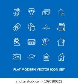 Modern, simple vector icon set on blue background with award, favorite, house, drill, supermarket, equipment, orbit, office, winner, interior, machine, place, space, hand, calculator, store, id icons