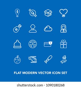 Modern, simple vector icon set on blue background with sky, gift, business, astronaut, map, estate, bomb, laboratory, fashion, travel, hat, bank, present, box, transport, space, cap, home, tool icons