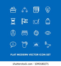 Modern, simple vector icon set on blue background with meeting, bubble, click, bedroom, conference, interior, bicycle, glass, juice, cycle, human, technology, eye, help, navigation, bed, public icons
