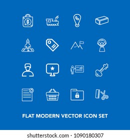 Modern, simple vector icon set on blue background with lock, security, computer, file, hairdresser, contract, professional, male, businessman, business, store, mobile, real, transportation, shop icons