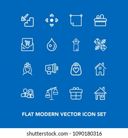 Modern, simple vector icon set on blue background with box, upstairs, home, announcement, downstairs, web, measurement, people, arrow, paper, bag, present, business, healthcare, building, staff icons