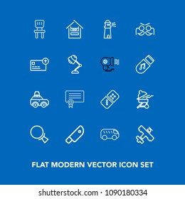 Modern, simple vector icon set on blue background with highway, store, search, home, kitchen, plane, move, grill, flight, magnifying, white, luggage, bag, direction, success, chair, meat, ocean icons
