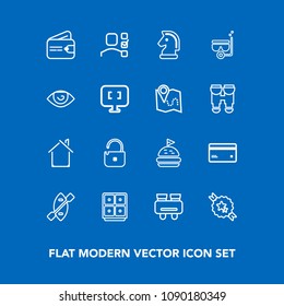 Modern, simple vector icon set on blue background with purse, spy, office, lunch, vision, game, finance, paddle, water, home, debit, wallet, sandwich, strategy, card, search, protection, canoe icons