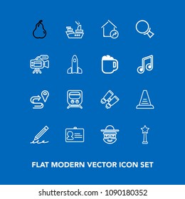 Modern, simple vector icon set on blue background with document, glasses, route, cartoon, travel, property, write, step, happy, organic, railway, fruit, up, fresh, sea, name, success, military icons