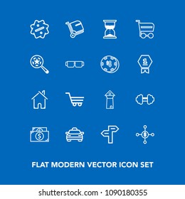 Modern, simple vector icon set on blue background with dollar, exercise, trolley, shop, estate, airport, label, fitness, way, car, transportation, architecture, arrow, house, tower, transport icons