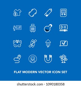 Modern, simple vector icon set on blue background with skate, face, board, road, location, home, extreme, navigation, door, young, room, birdhouse, wing, skater, magnetic, pole, butterfly, field icons