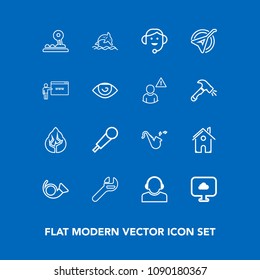 Modern, simple vector icon set on blue background with string, dolphin, bugle, support, animal, mic, home, business, wrench, house, folk, web, cloud, call, team, button, technology, sound, ocean icons