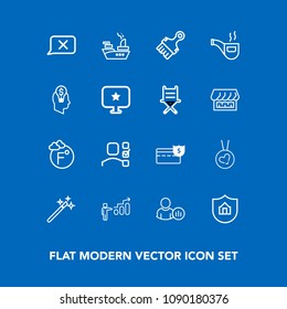 Modern, simple vector icon set on blue background with marine, chat, business, magician, ship, military, fahrenheit, development, plan, love, social, growth, profile, success, classic, war, cash icons