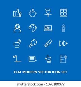 Modern, simple vector icon set on blue background with business, audio, winner, gold, mexico, document, good, ocean, button, medal, gesture, investment, location, saw, index, chicken, success icons