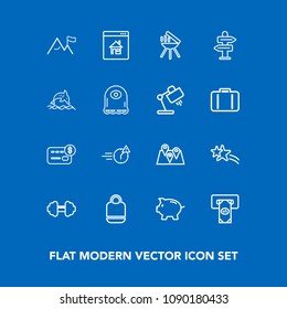 Modern, simple vector icon set on blue background with grill, travel, meat, business, night, bag, location, bank, cooking, object, map, element, machine, holiday, nature, road, property, money icons