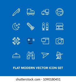 Modern, simple vector icon set on blue background with trip, atv, travel, barbecue, luggage, speech, beautiful, lens, vehicle, leisure, transportation, message, cooking, dirt, equipment, pen icons