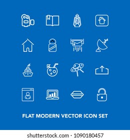 Modern, simple vector icon set on blue background with protection, building, house, spaceship, click, , male, drink, home, metal, kerosene, spacecraft, chart, screen, lamp, ufo, equipment, film icons