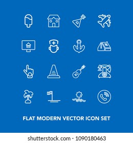 Modern, simple vector icon set on blue background with building, summer, beach, tropical, up, leaf, food, ladder, sun, sweet, folk, instrument, morning, ocean, vintage, sunrise, string, palm icons