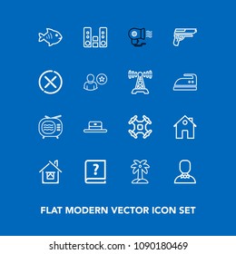 Modern, simple vector icon set on blue background with aerial, pen, sea, play, real, male, profile, tv, internet, seafood, nature, white, drone, tropical, hat, property, audio, head, electric icons
